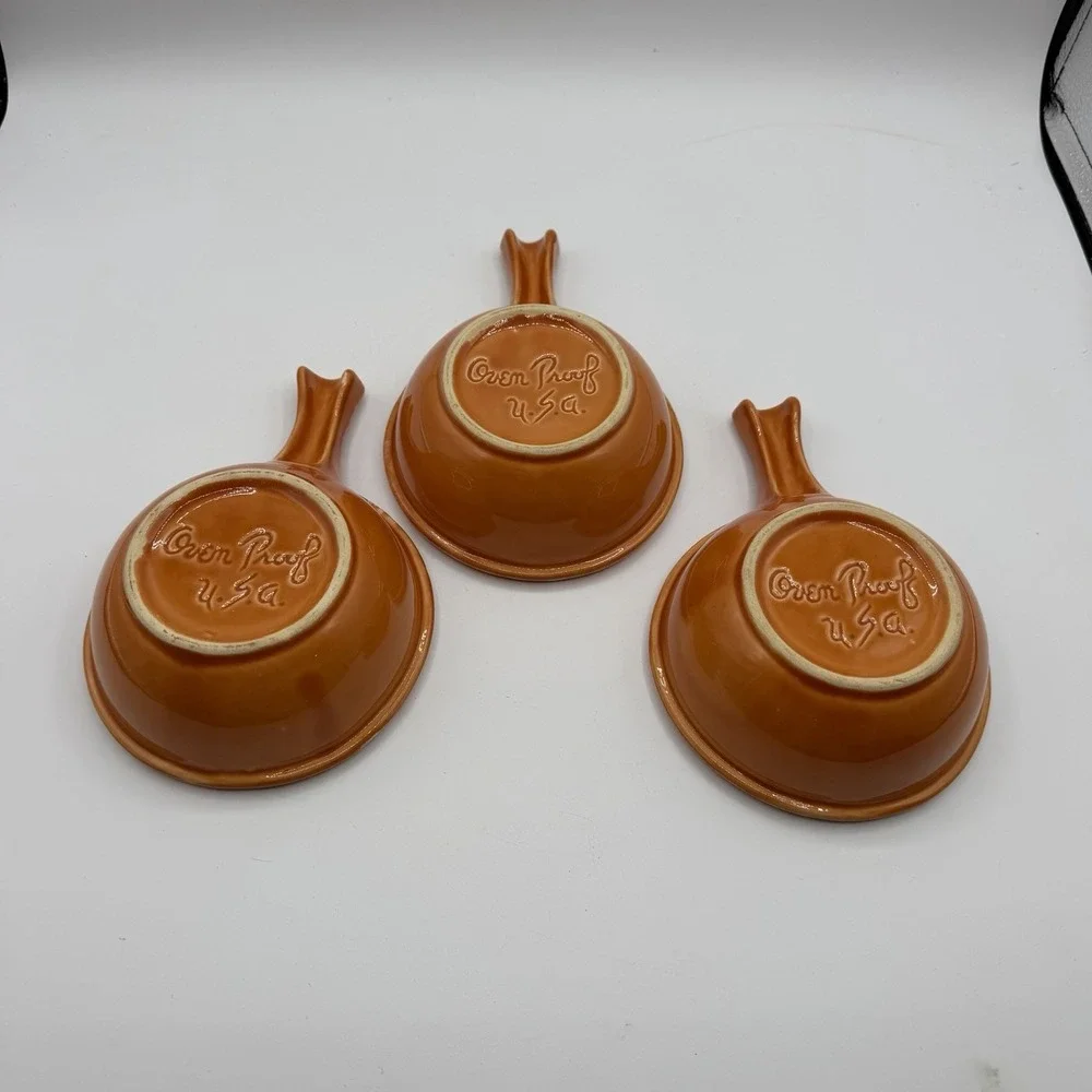 Vintage Set of 3 Hull Orange Tangerine Drip Glazed Chili Soup Bowls w/Handle USA